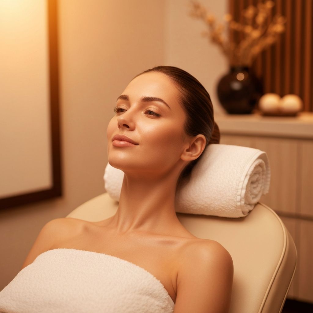 Client relaxing during facial treatment